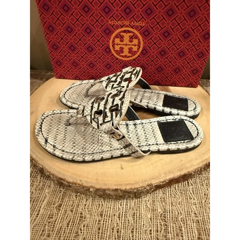 Tory Burch Miller Leather Thong‎ Sandal Warm Roccia Black & White US 7 258$
